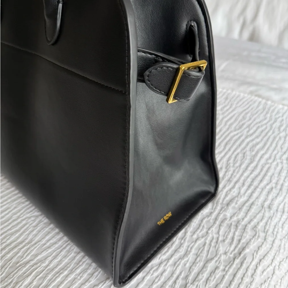 The Row Margaux Inspired Black Leather Drawstring Pouch with Gold Accents - Picture 4 of 14